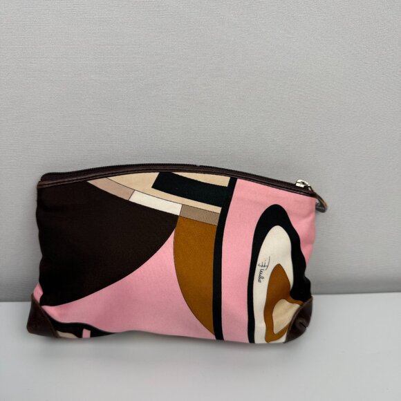 Emilio Pucci Pink Beige Brown Abstract Print Zipper Pouch - Picture 2 of 3